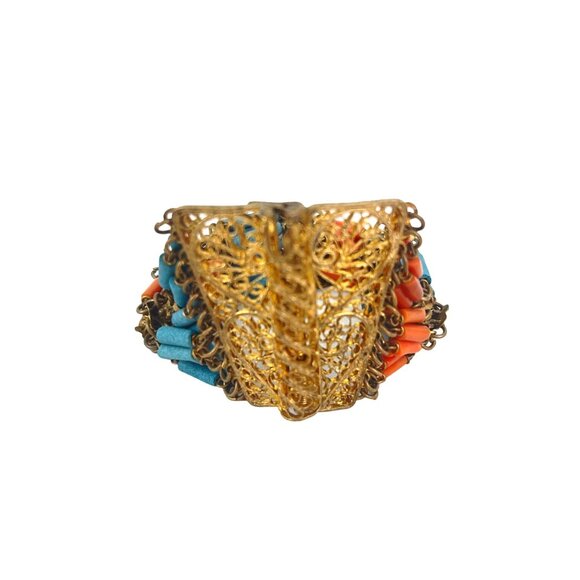 Egyptian Revival Antique Faience Coral and Turquoise Bracelets Art Deco, Estate - Picture 8 of 11